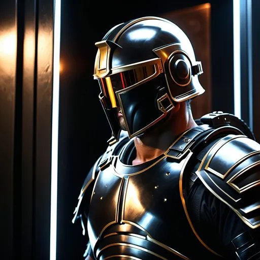 Prompt: A sci fi futuristic roman military male in black military armor galea helmet of roman armor, with a gunfire, opening door like Swat, Hyperrealistic, sharp focus, Professional, UHD, HDR, 8K, Render, electronic, nervous vibe, loud, tension, dark, Epic