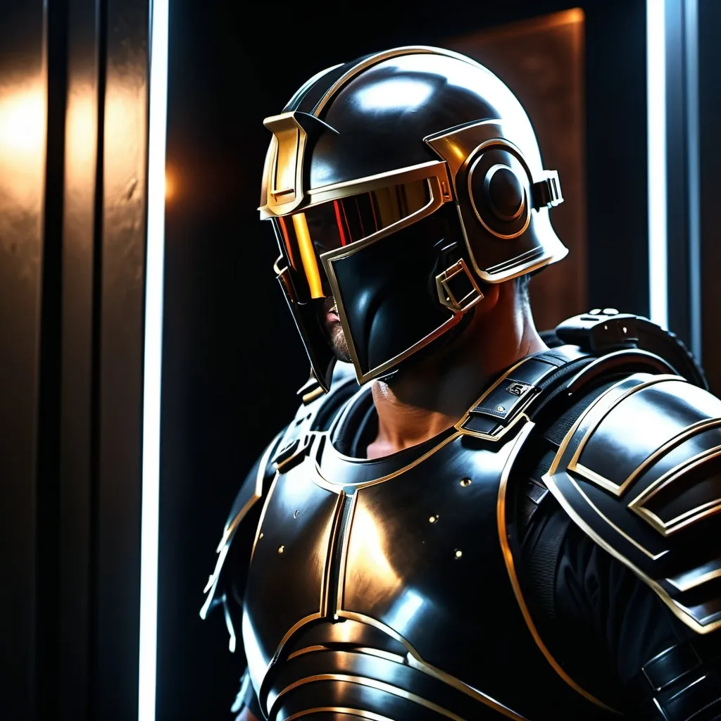 Prompt: A sci fi futuristic roman military male in black military armor galea helmet of roman armor, with a gunfire, opening door like Swat, Hyperrealistic, sharp focus, Professional, UHD, HDR, 8K, Render, electronic, nervous vibe, loud, tension, dark, Epic