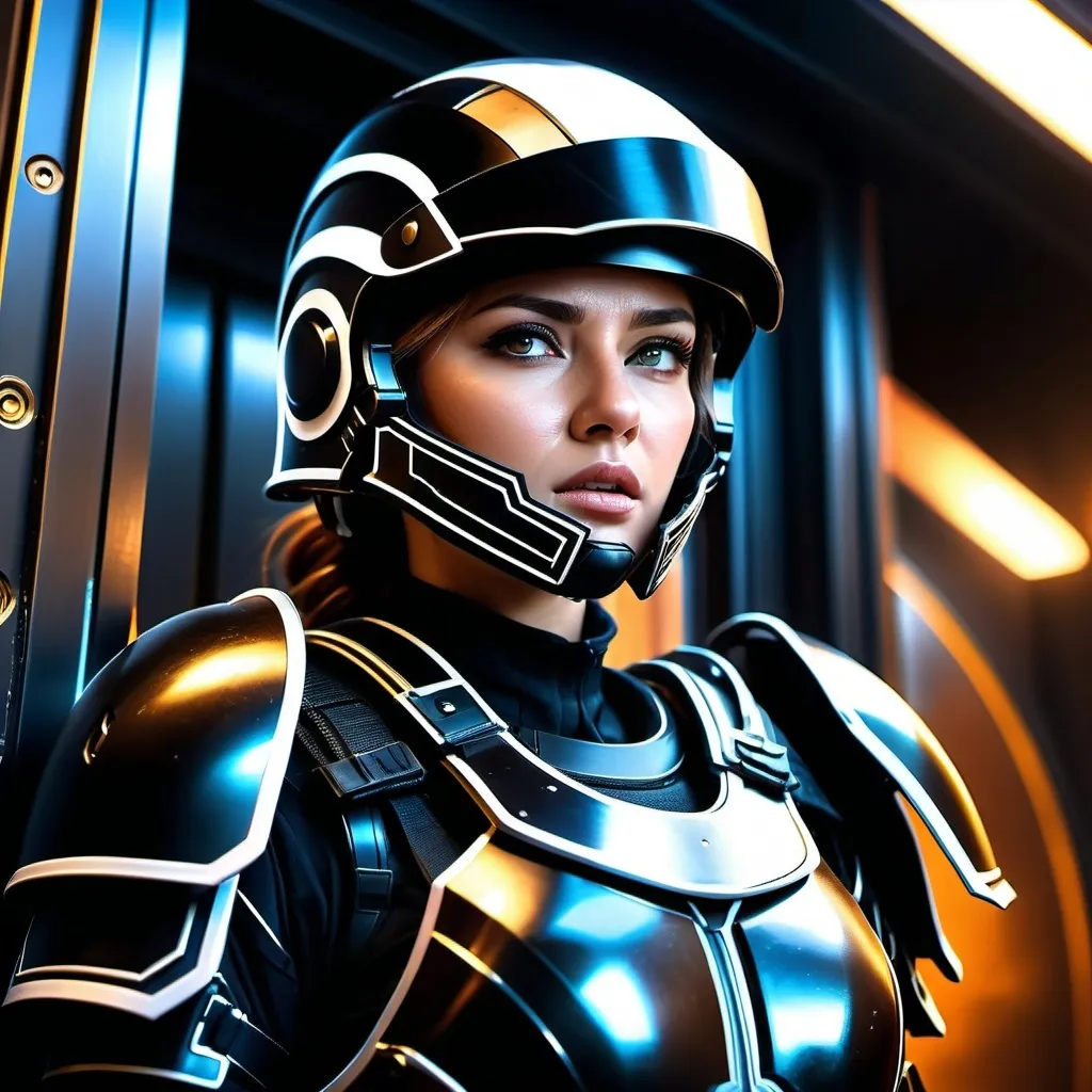 Prompt: A sci fi futuristic roman military female in black military armor galea helmet of roman armor, with a gunfire, opening door like Swat, Hyperrealistic, sharp focus, Professional, UHD, HDR, 8K, Render, electronic, nervous vibe, loud, tension, dark, Epic