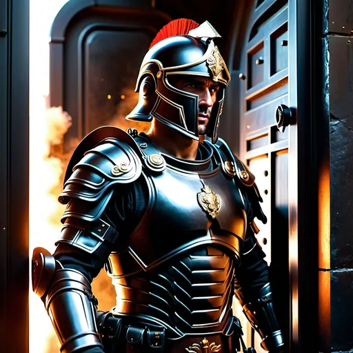 Prompt: A sci fi futuristic roman military male in black military armor galea helmet of roman armor, with a gunfire, opening door like Swat, Hyperrealistic, sharp focus, Professional, UHD, HDR, 8K, Render, electronic, nervous vibe, loud, tension, dark, Epic