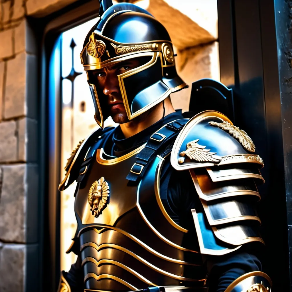 Prompt: A sci fi futuristic roman military male in black military armor galea helmet of roman armor, with a gunfire, opening door like Swat, Hyperrealistic, sharp focus, Professional, UHD, HDR, 8K, Render, electronic, nervous vibe, loud, tension, dark, Epic