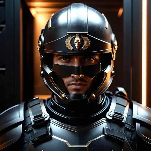 Prompt: A sci fi futuristic roman military male in black military armor galea helmet of roman armor, with a gunfire, opening door like Swat, Hyperrealistic, sharp focus, Professional, UHD, HDR, 8K, Render, electronic, nervous vibe, loud, tension, dark, Epic