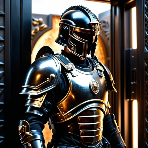 Prompt: A sci fi futuristic roman military male in black military armor galea helmet of roman armor, with a gunfire, opening door like Swat, Hyperrealistic, sharp focus, Professional, UHD, HDR, 8K, Render, electronic, nervous vibe, loud, tension, dark, Epic