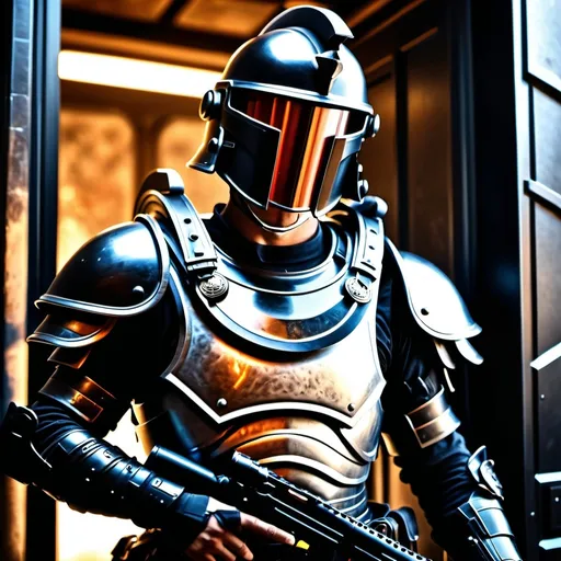 Prompt: A sci fi futuristic roman military male in black military armor galea helmet of roman armor, with a gunfire, opening door like Swat, Hyperrealistic, sharp focus, Professional, UHD, HDR, 8K, Render, electronic, nervous vibe, loud, tension, dark, Epic