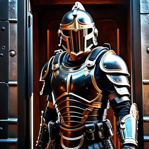 Prompt: A sci fi futuristic roman military male in black military armor galea helmet of roman armor, with a gunfire, opening door like Swat, Hyperrealistic, sharp focus, Professional, UHD, HDR, 8K, Render, electronic, nervous vibe, loud, tension, dark, Epic