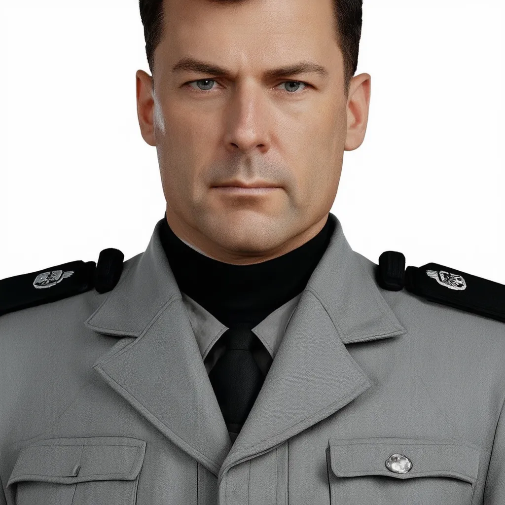 Prompt: General in a feldgrau uniform of a human federation ground forces, with black epaulettes in a Sci-Fi setting