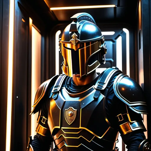 Prompt: A sci fi futuristic roman military male in black military armor galea helmet of roman armor, with a gunfire, opening door like Swat, Hyperrealistic, sharp focus, Professional, UHD, HDR, 8K, Render, electronic, nervous vibe, loud, tension, dark, Epic