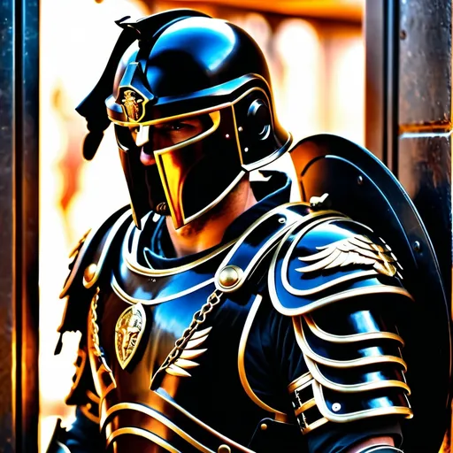 Prompt: A sci fi futuristic roman centurion male in black military armor galea helmet of roman armor, with a gunfire, opening door like Swat, Hyperrealistic, sharp focus, Professional, UHD, HDR, 8K, Render, electronic, nervous vibe, loud, tension, dark, Epic