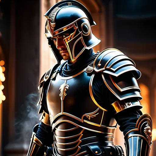 Prompt: A sci fi futuristic roman military male in black military armor galea helmet of roman armor, with a gunfire, opening door like Swat, Hyperrealistic, sharp focus, Professional, UHD, HDR, 8K, Render, electronic, nervous vibe, loud, tension, dark, Epic