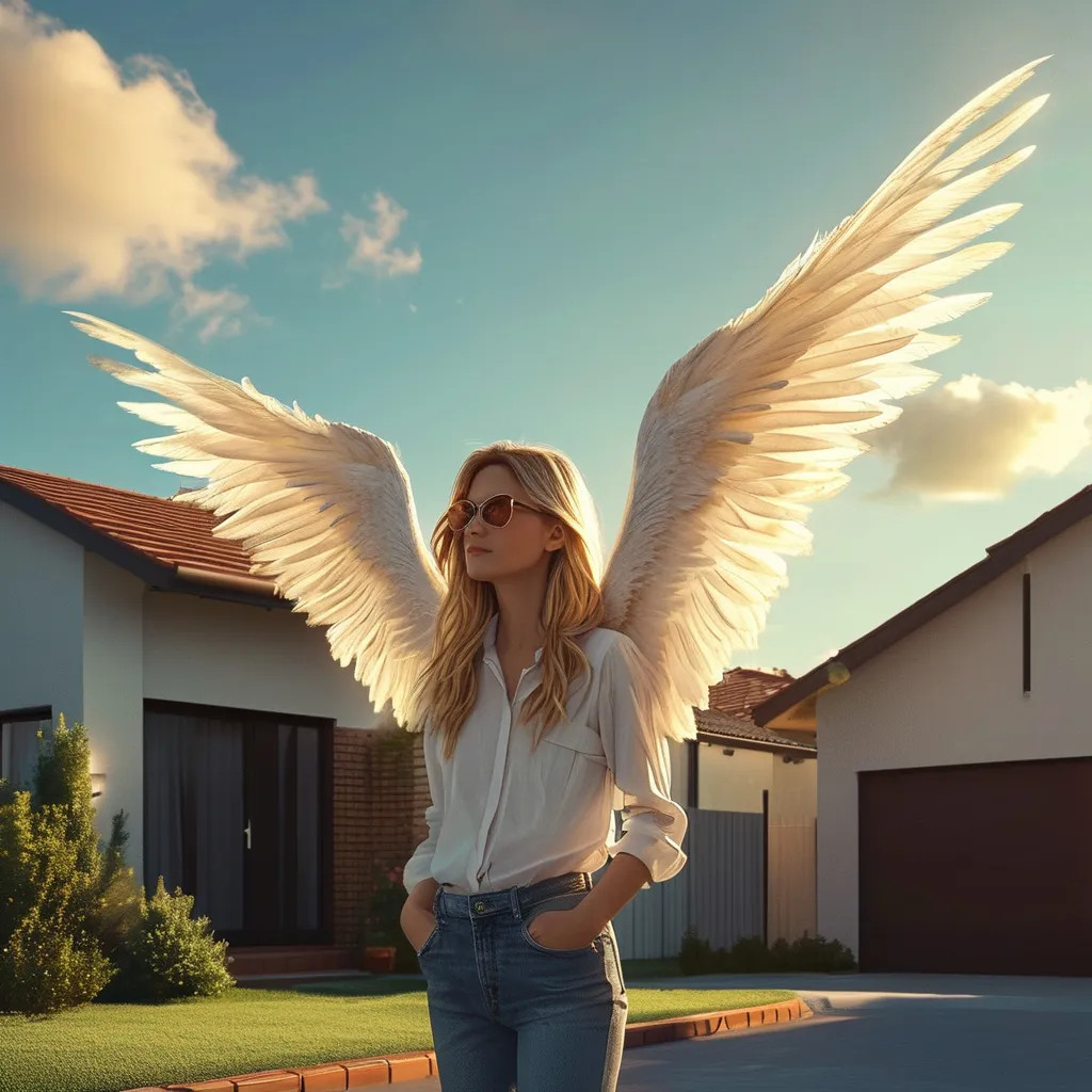 Prompt: generate an ai image of an estate agent with angelic wings in a suburban setting during the golden hour of the evening