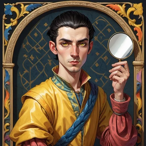 Prompt: A young thin male medieval alchemist with a single braid of black hair on an otherwise shaved head and yellow eyes wearing ostentatious colorful clothes in the style of an illuminated manuscript. He is holding an antique hand mirror in his left hand and has a bat perched on his right shoulder