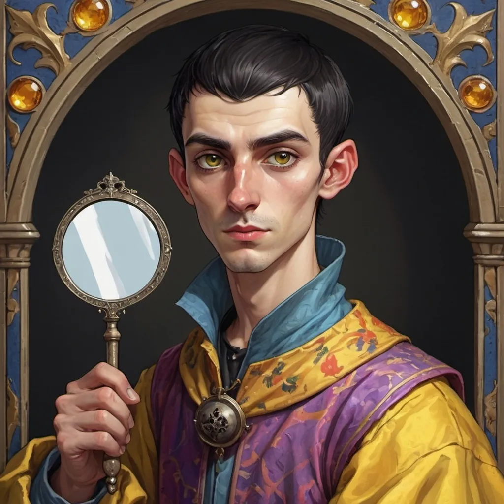 Prompt: A young thin male medieval alchemist with a single lock of black hair on an otherwise shaved head and yellow eyes wearing ostentatious colorful clothes in the style of a medieval manuscript. He is holding an antique hand mirror in his left hand and has a bat perched on his right shoulder