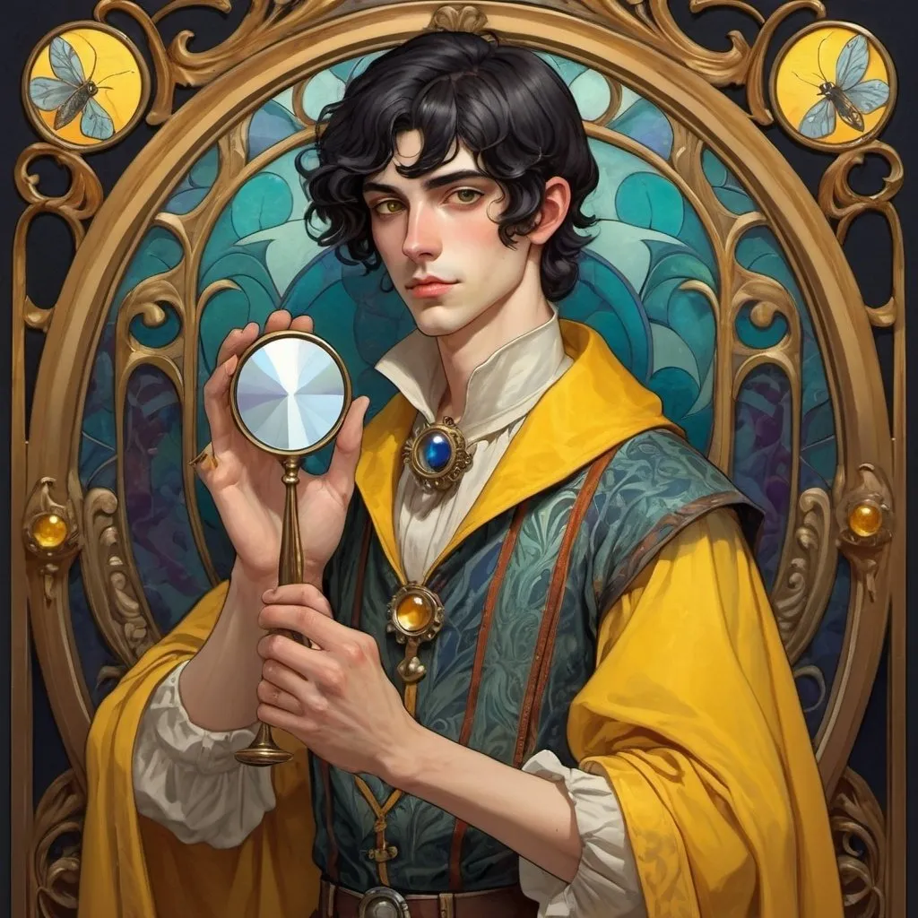 Prompt: A young thin male medieval alchemist with black hair and yellow eye wearing ostentatious colorful clothes in art nouveau style. He is holding an antique hand mirror in his left hand and has a moth perched on his right shoulder