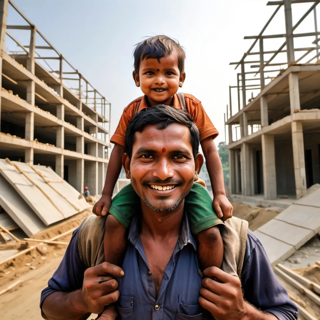 Prompt: Create an image of a Bangladeshi father carrying his smiling child on his shoulders in a construction site. The father is dressed in typical work clothes commonly seen in Bangladesh, and the background features concrete structures, bamboo scaffolding, and construction tools. Despite the hard work environment, the father’s face shows deep love and care as he tries to keep his child happy. The child, wearing bright traditional Bangladeshi clothes, adds a cheerful contrast to the rugged setting. Include subtle elements of the local culture, such as rickshaws in the distance or traditional Bangladeshi patterns on fabrics, to evoke the essence of life in Bangladesh. The image should capture the warmth and devotion of the father within the challenging but familiar landscape