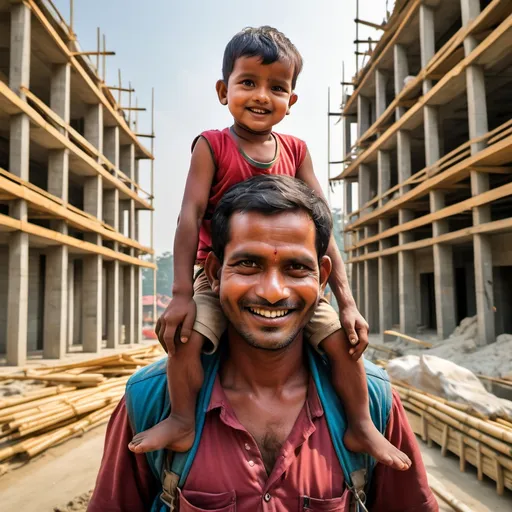 Prompt: Create an image of a Bangladeshi father carrying his smiling child on his shoulders in a construction site. The father is dressed in typical work clothes commonly seen in Bangladesh, and the background features concrete structures, bamboo scaffolding, and construction tools. Despite the hard work environment, the father’s face shows deep love and care as he tries to keep his child happy. The child, wearing bright traditional Bangladeshi clothes, adds a cheerful contrast to the rugged setting. Include subtle elements of the local culture, such as rickshaws in the distance or traditional Bangladeshi patterns on fabrics, to evoke the essence of life in Bangladesh. The image should capture the warmth and devotion of the father within the challenging but familiar landscape