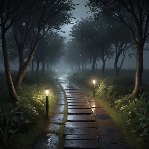 Prompt: A path going to a nocturnal, dark, wet, rainy, ambient; details; realistic