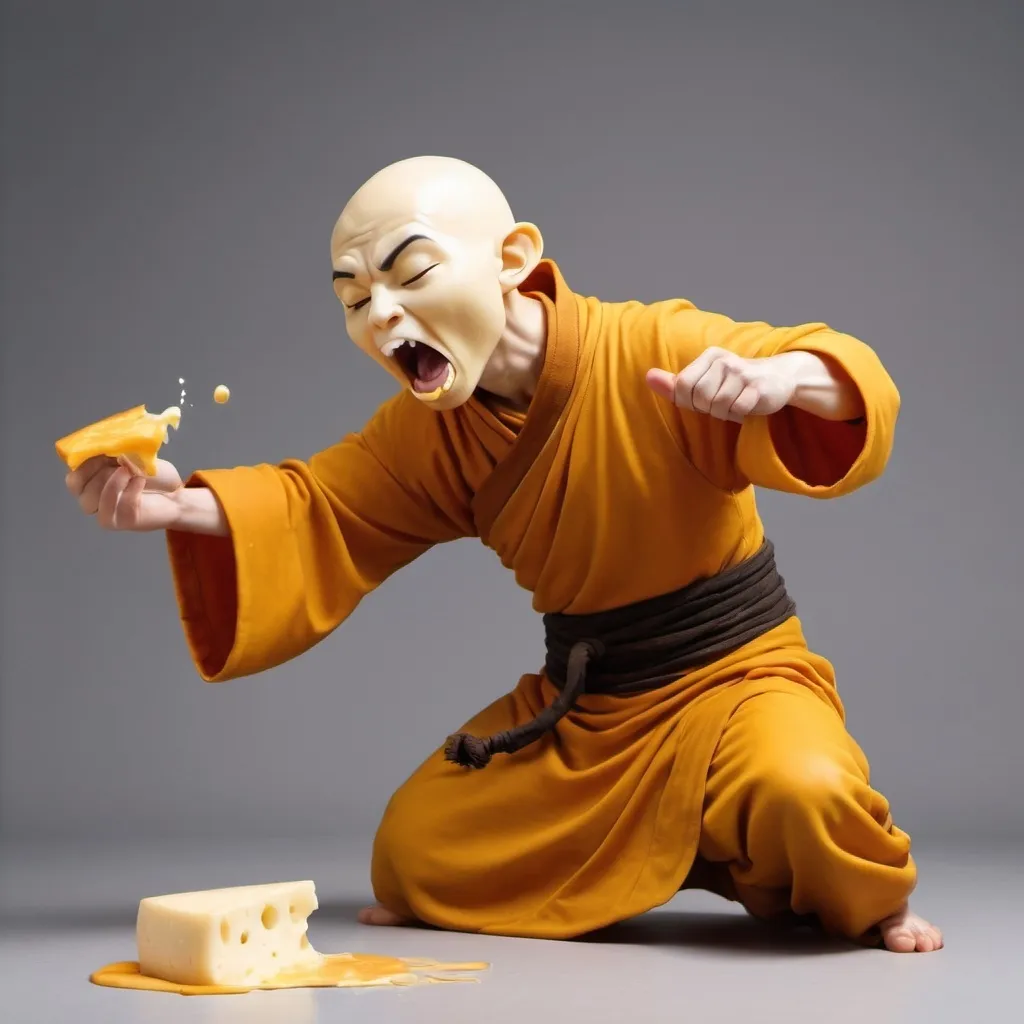 Prompt: In the style of Avatar the Last Airbender, a cheese monk bending melted cheese through the air into his mouth 