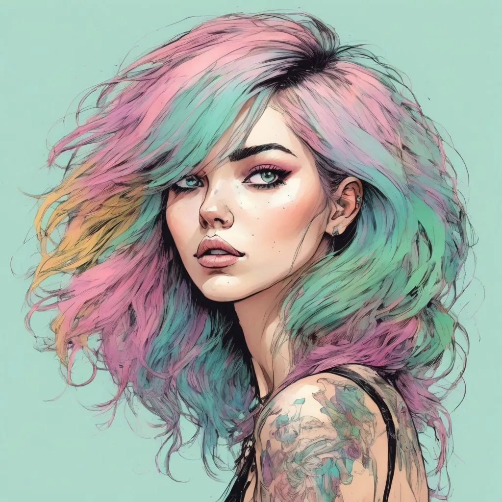 Prompt: Femme cheveux frisé pastels yeux cachés derrière cheveux, incroyable  