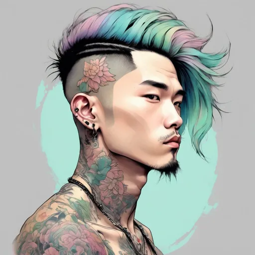 Prompt: Homme asiatique cheveux clair pastel , tatouage , 