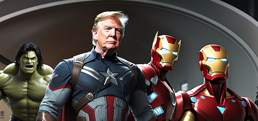 Prompt: (Creative character mashup), Donald Trump as (Captain America), J.D. Vance as (Thor, wielding Mjolnir), RFK Jr. as (Hulk, in an intense pose), Elon Musk as (Iron Man, in a sleek suit), Tulsi Gabbard as (Black Widow, ready for action), Vivek Ramaswamy as (Hawkeye, aiming his bow), dynamic comic book style, vibrant colors, dramatic lighting, high energy atmosphere, ultra-detailed, imaginative setting, blending superhero elements with recognizable personalities.