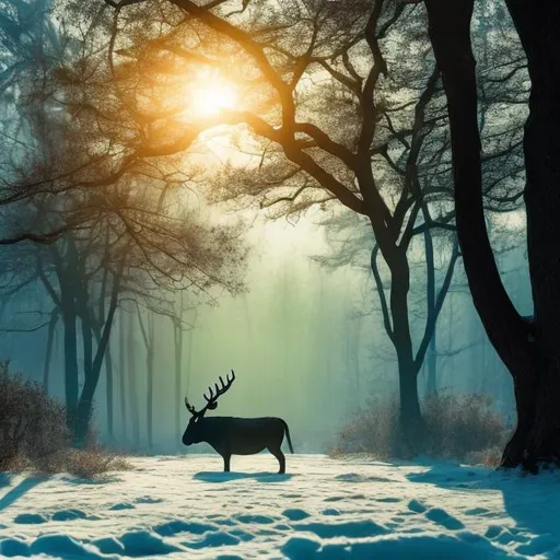 Prompt: Woodland morning winter scene with a majestic stag in the distance. Bokeh background