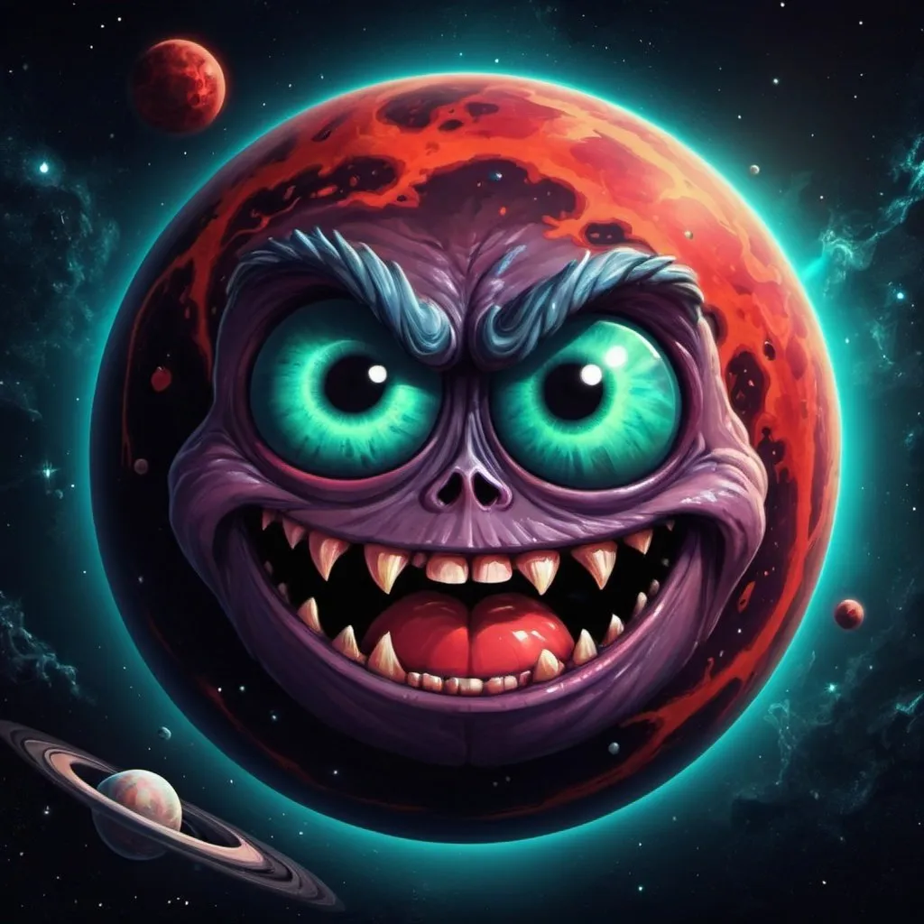 Prompt: Demonic cartoon planet in space