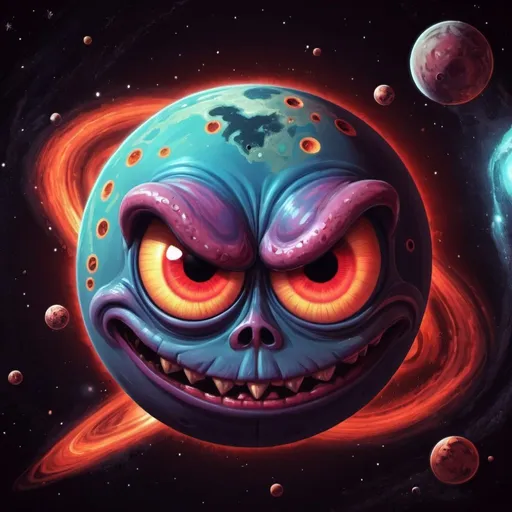 Prompt: Demonic cartoon planet in space