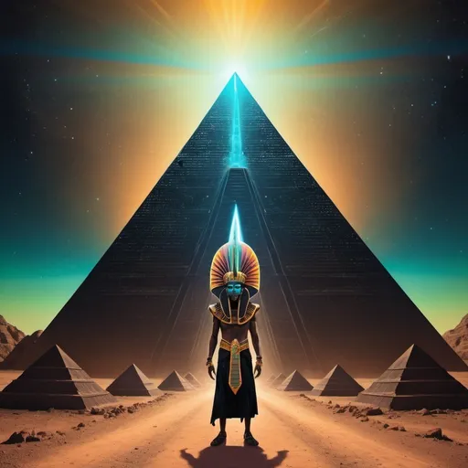 Prompt: Thoth the atleantean standing in front of a giant black pyramid spaceship with magnestism glow, psychedelic 