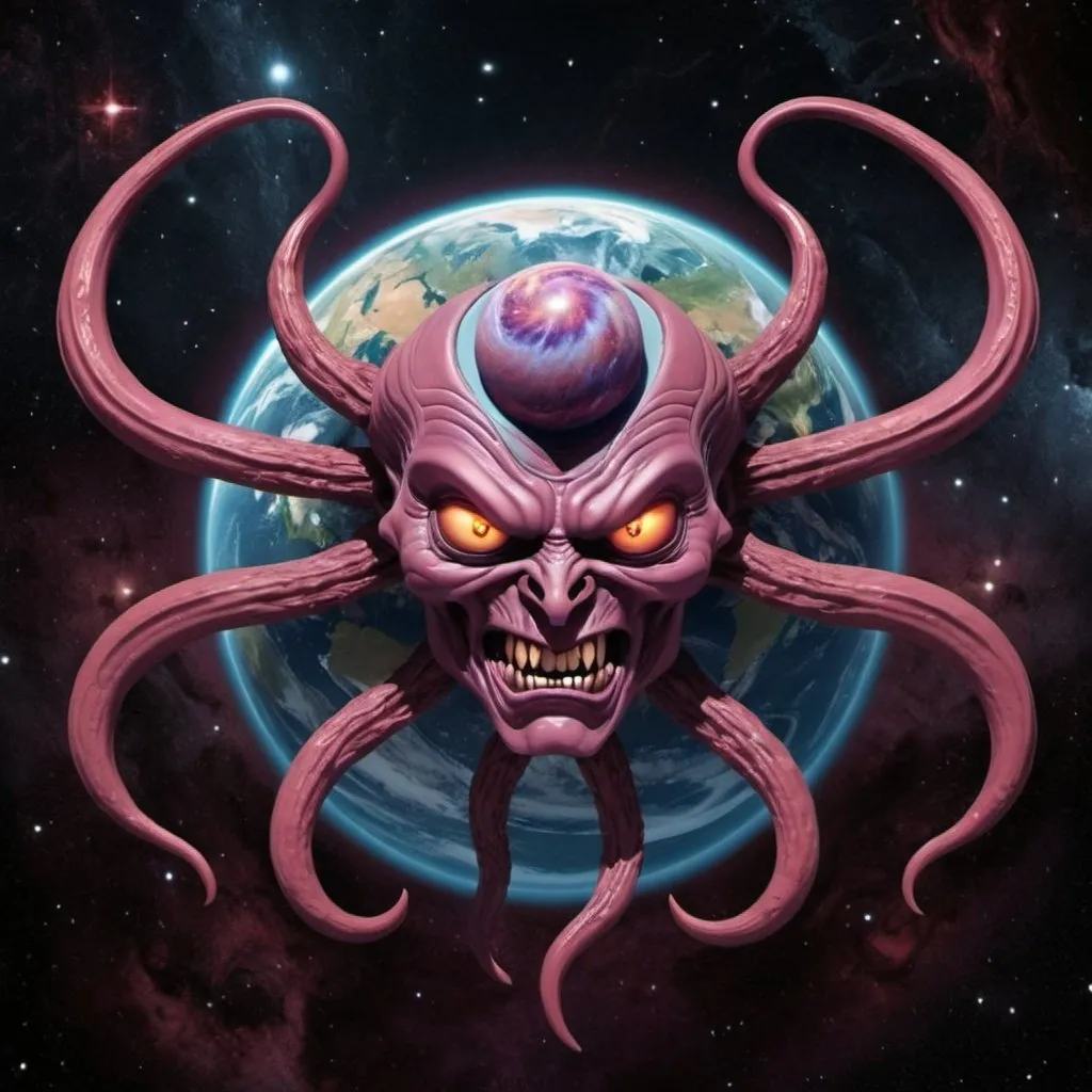 Prompt: Demonic cartoon planet in space six arms like Shiva 