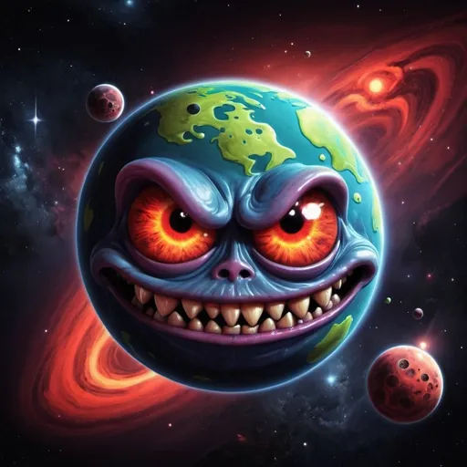 Prompt: Demonic cartoon planet in space