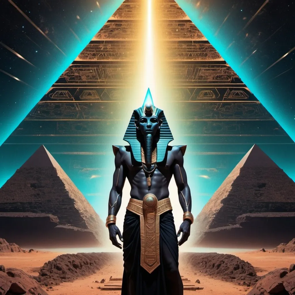 Prompt: Thoth the atleantean standing in front of a giant black pyramid spaceship with magnestism glow, psychedelic 
