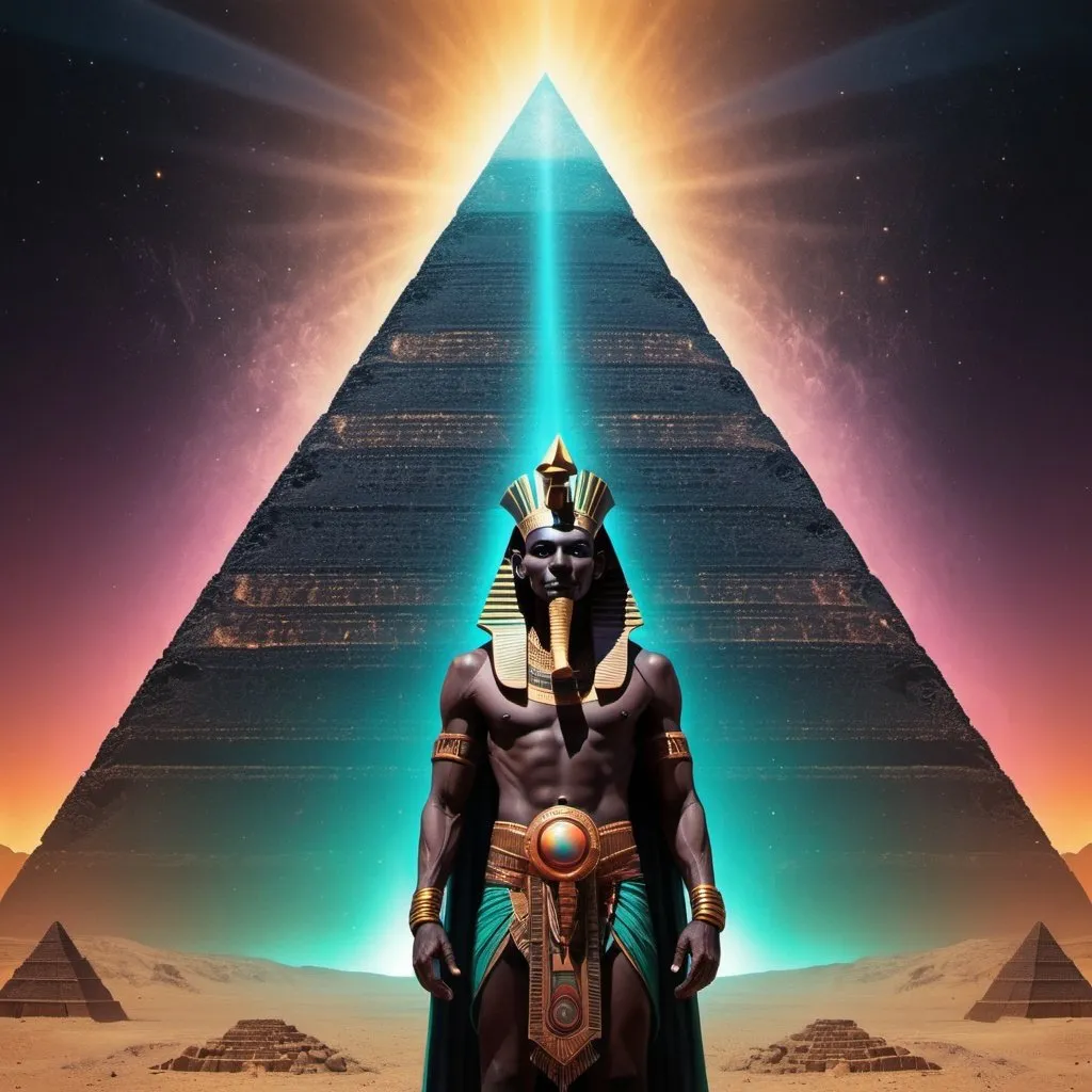 Prompt: Thoth the atleantean standing in front of a giant black pyramid with magnestism glow, psychedelic 