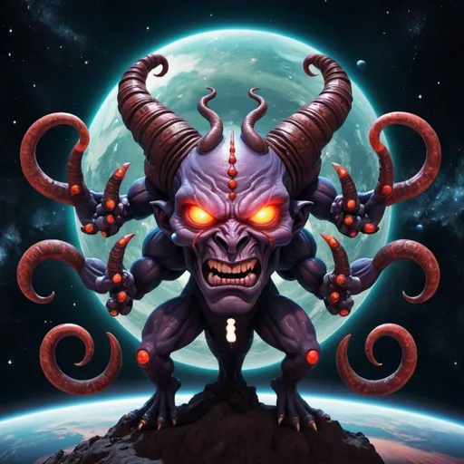 Prompt: Demonic cartoon planet in space six arms like Shiva 