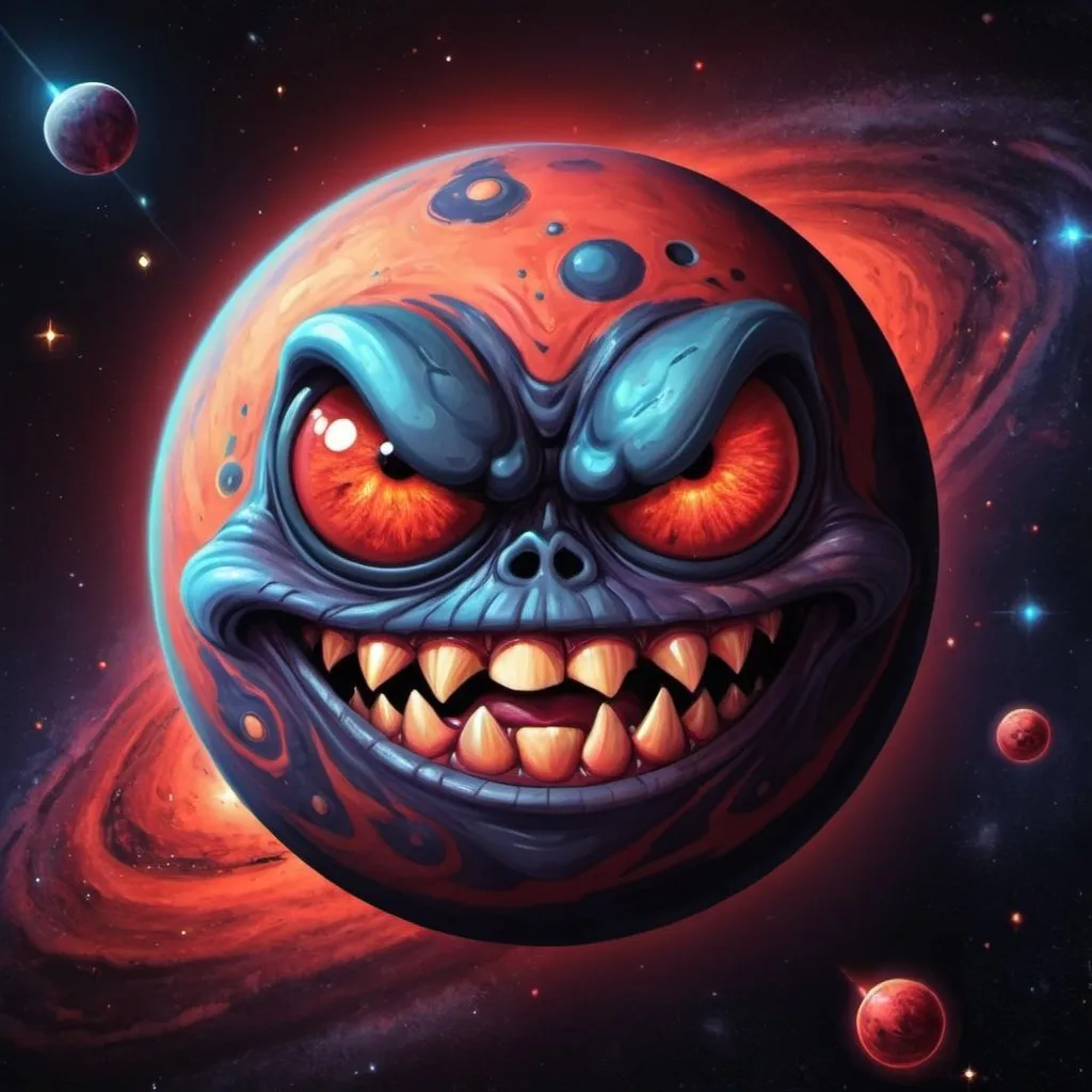 Prompt: Demonic cartoon planet in space