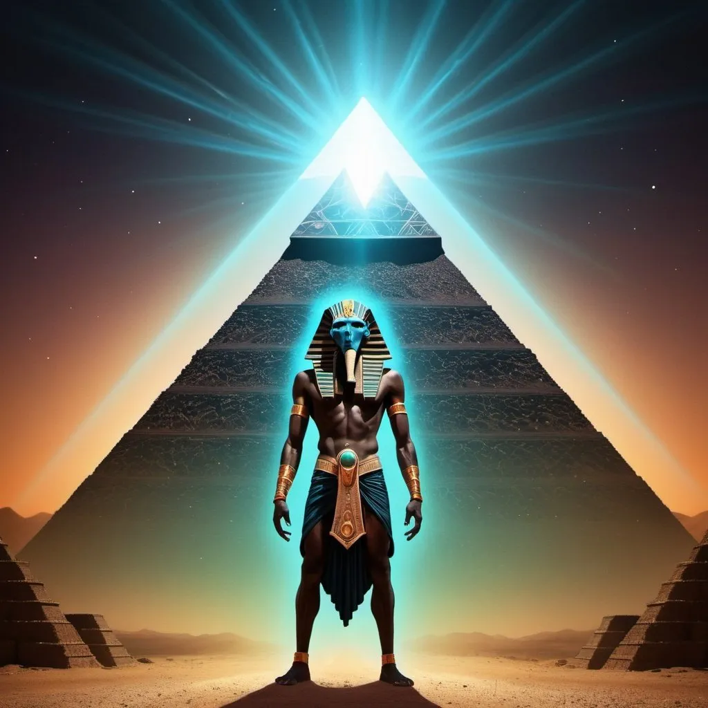 Prompt: Thoth the atleantean standing in front of a giant black pyramid with magnestism glow, psychedelic 