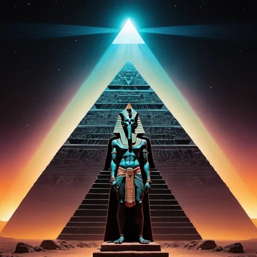Prompt: Thoth the atleantean standing in front of a giant black pyramid with magnestism glow, psychedelic 