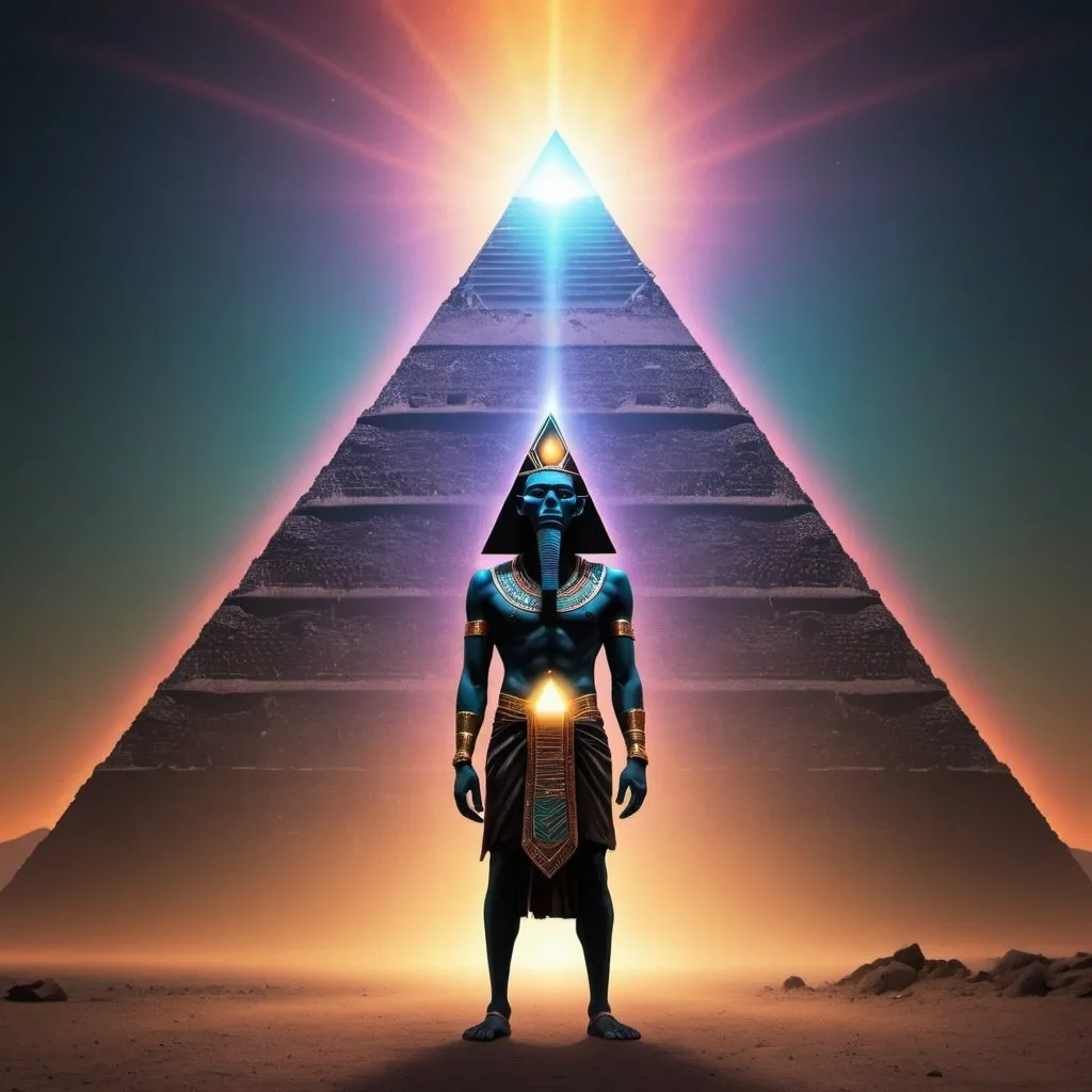 Prompt: Thoth the atleantean standing in front of a giant black pyramid with magnestism glow, psychedelic 