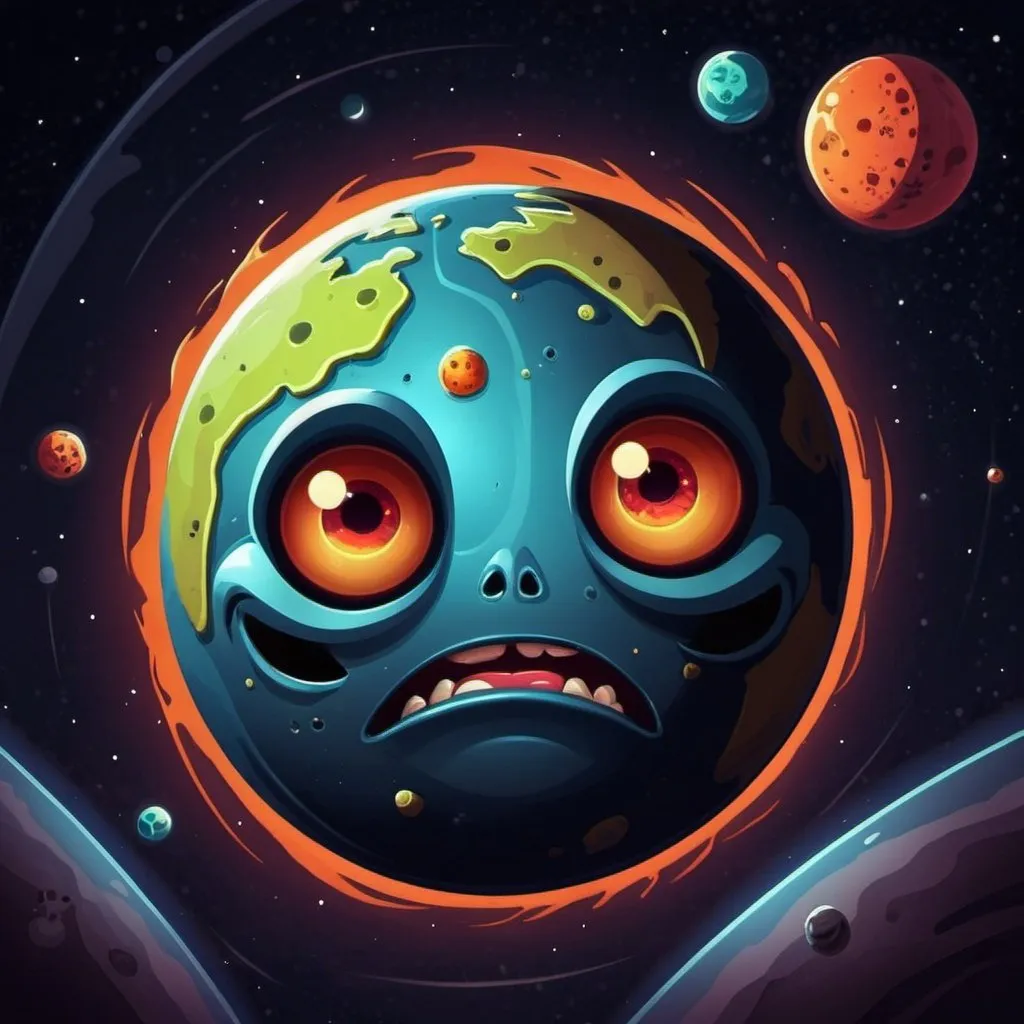 Prompt: Sinister cartoon planet in space