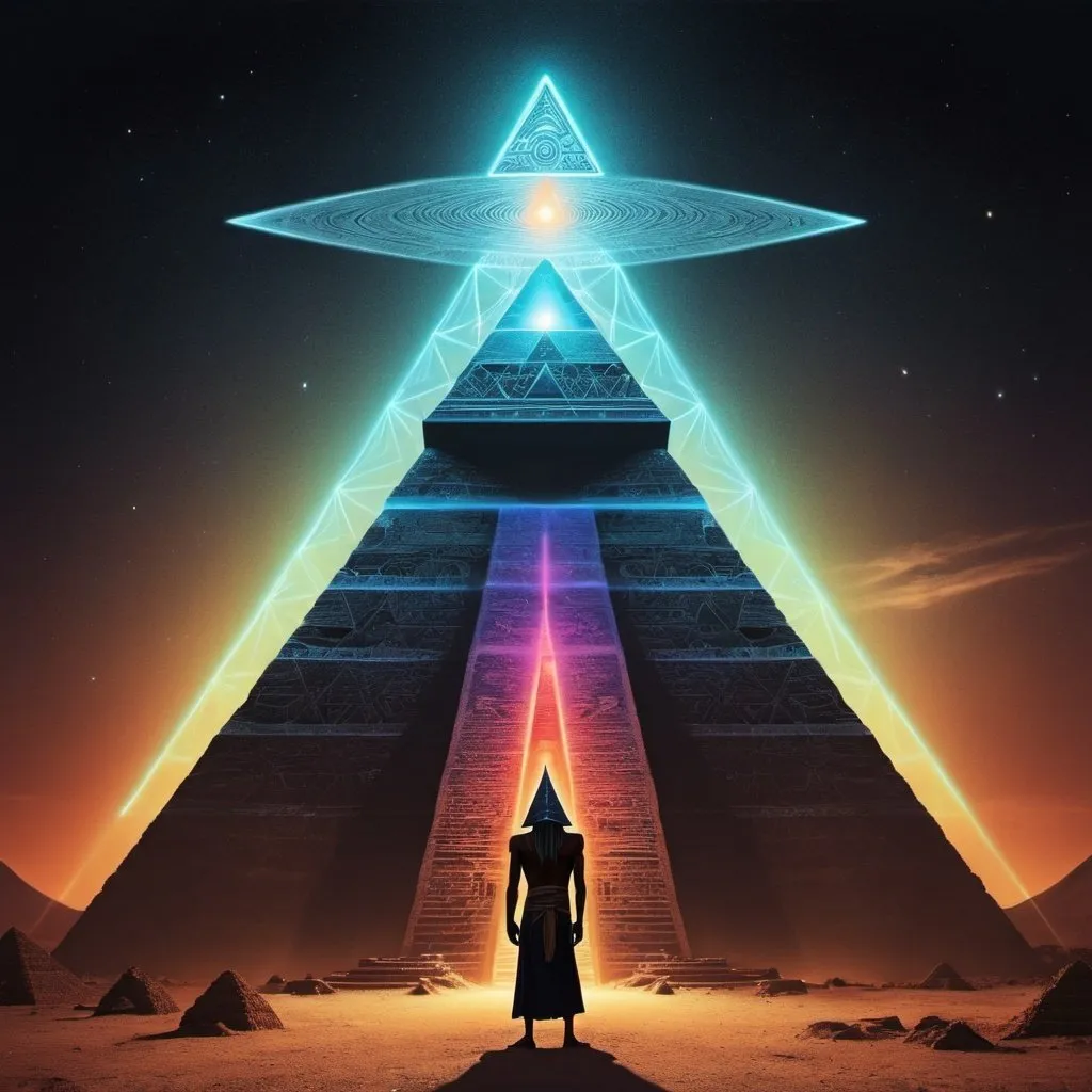 Prompt: Thoth the atleantean standing in front of a giant black pyramid with magnestism glow, psychedelic 