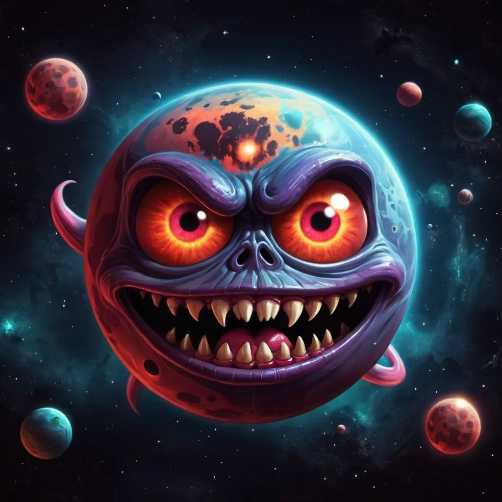Prompt: Demonic cartoon planet in space