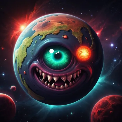 Prompt: Demonic cartoon planet in space