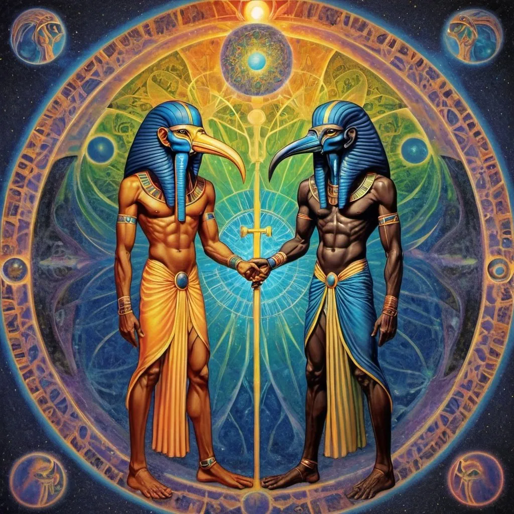 Prompt: Thoth and marduk, light and darkness, duality, psychedelic