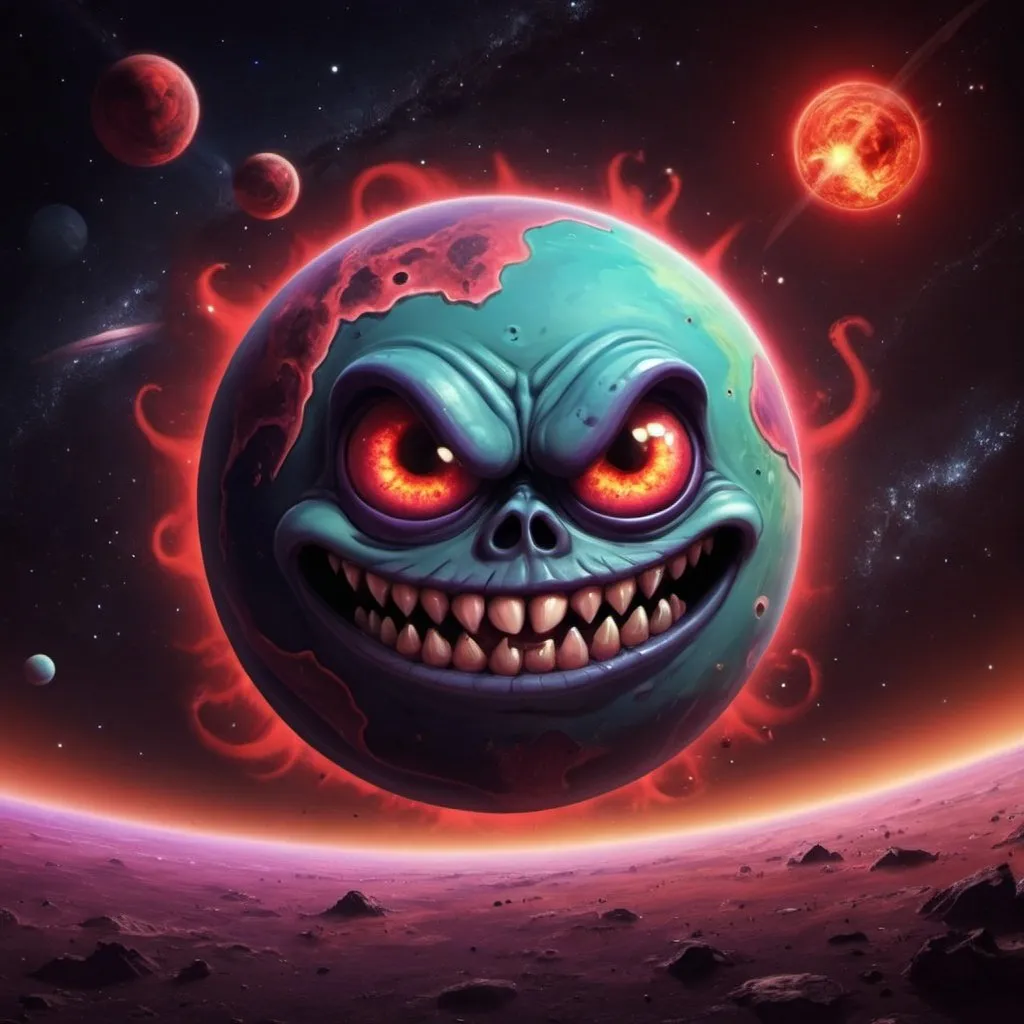 Prompt: Demonic cartoon planet in space