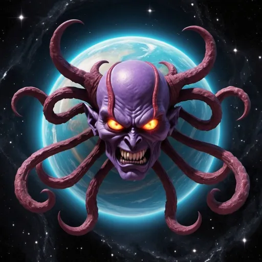 Prompt: Demonic cartoon planet in space six arms like Shiva 