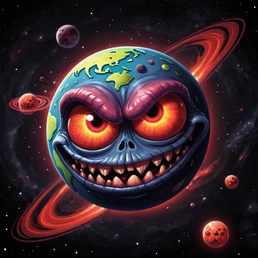 Prompt: Demonic cartoon planet in space