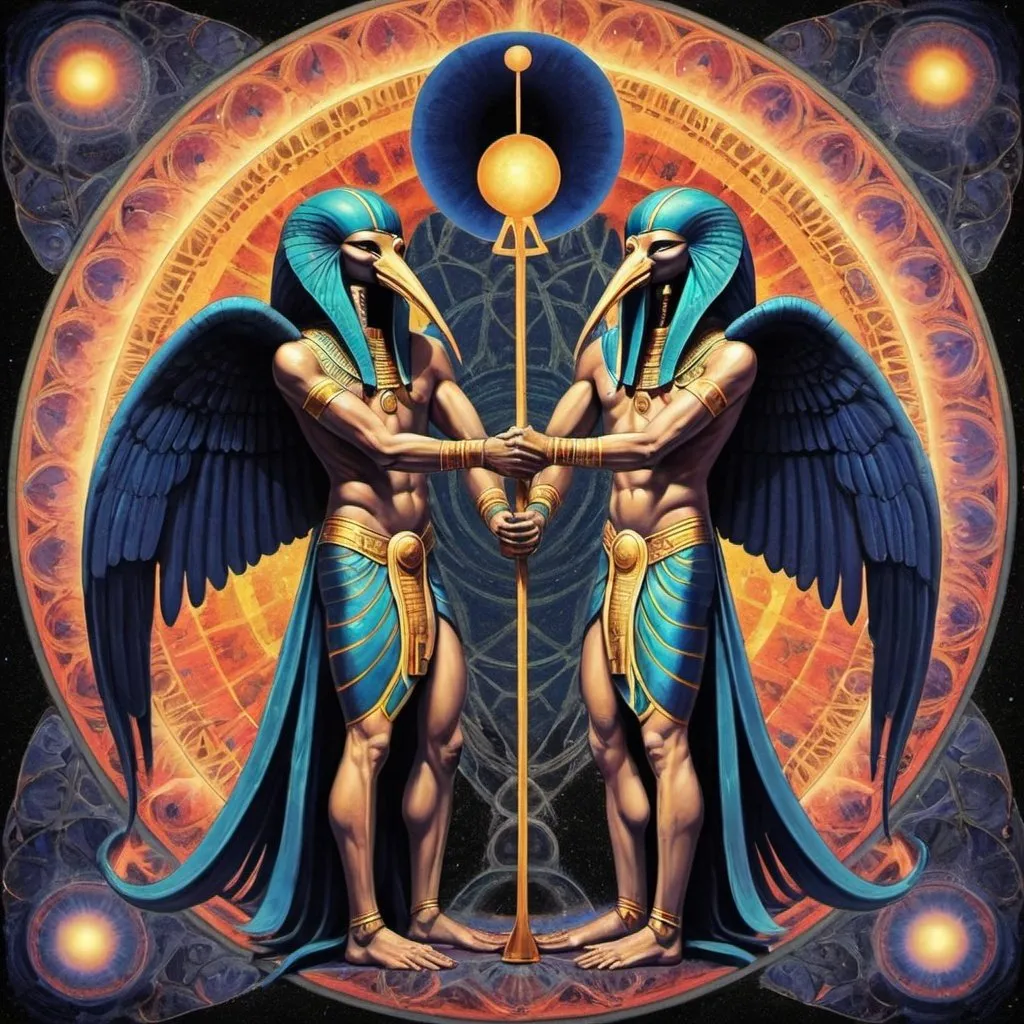 Prompt: Thoth and marduk, light and darkness, duality, psychedelic