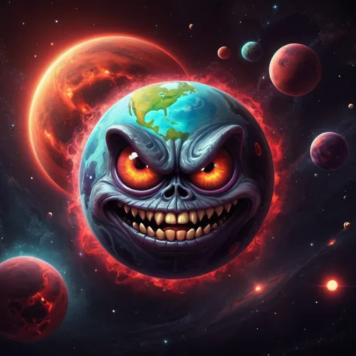 Prompt: Demonic cartoon planet in space