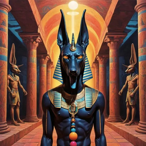 Prompt: Anubis in the underworld, halls of amenti, psychedelic 