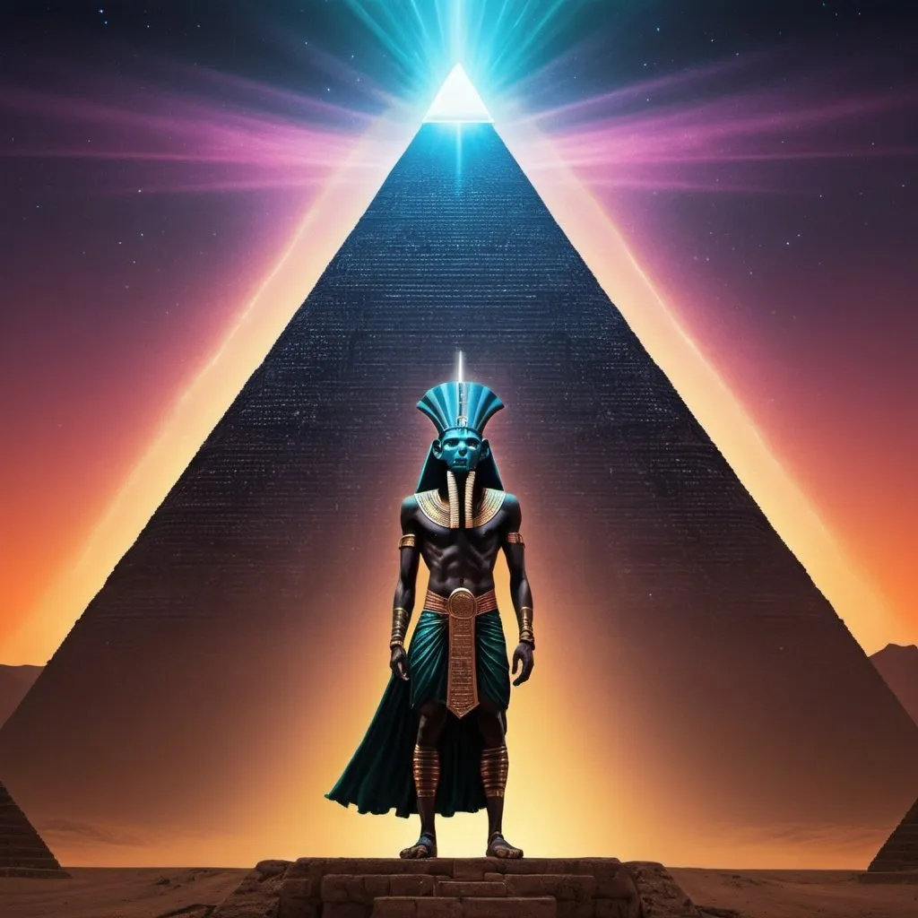 Prompt: Thoth the atleantean standing in front of a giant black pyramid with magnestism glow, psychedelic 