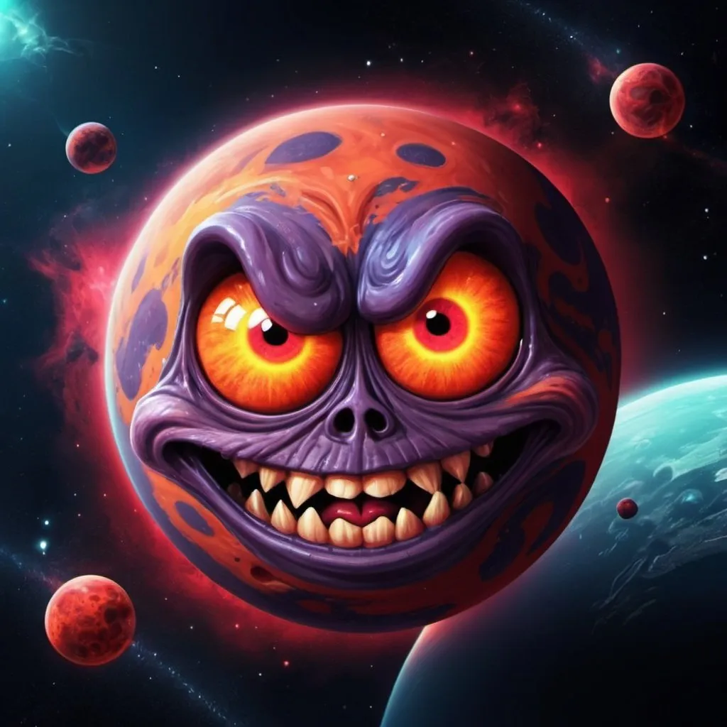 Prompt: Demonic cartoon planet in space